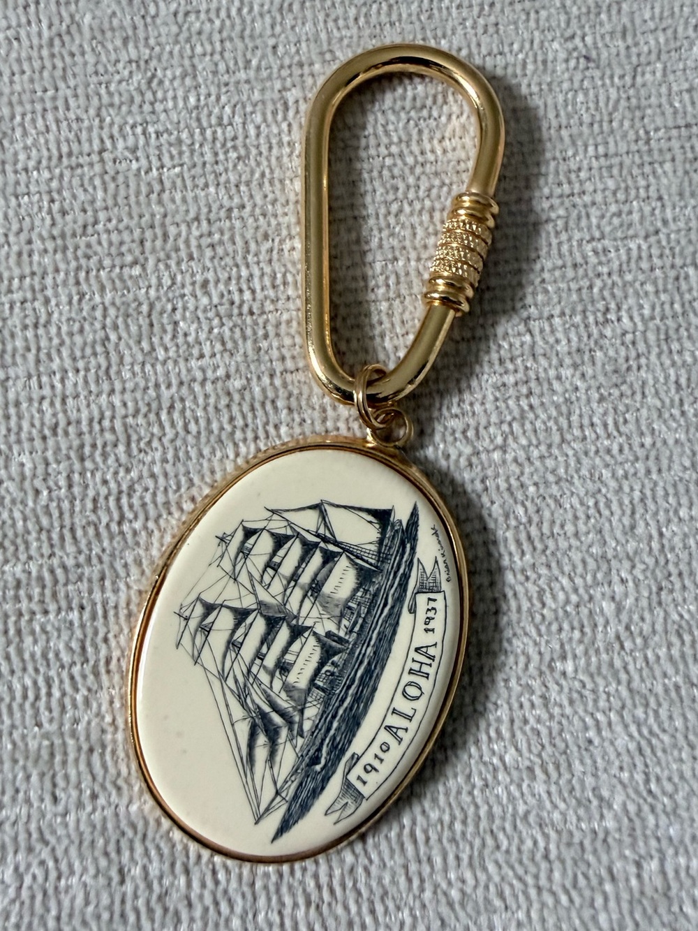 Nautical Key Tag Chain Ship Scrimshaw (1980's)